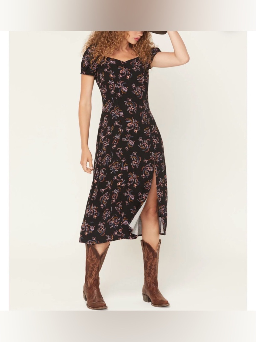 Floral Black Midi Dress with Side Slit and Short Sleeves